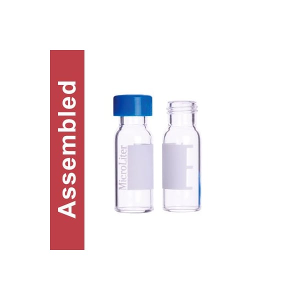 Cp Lab Safety. Wheaton MicroLiter Clear Screw Thread Vial Kit, Blue 9mm Cap, PTFE/Silicone Septa, 100pk 09-1230B-A - main